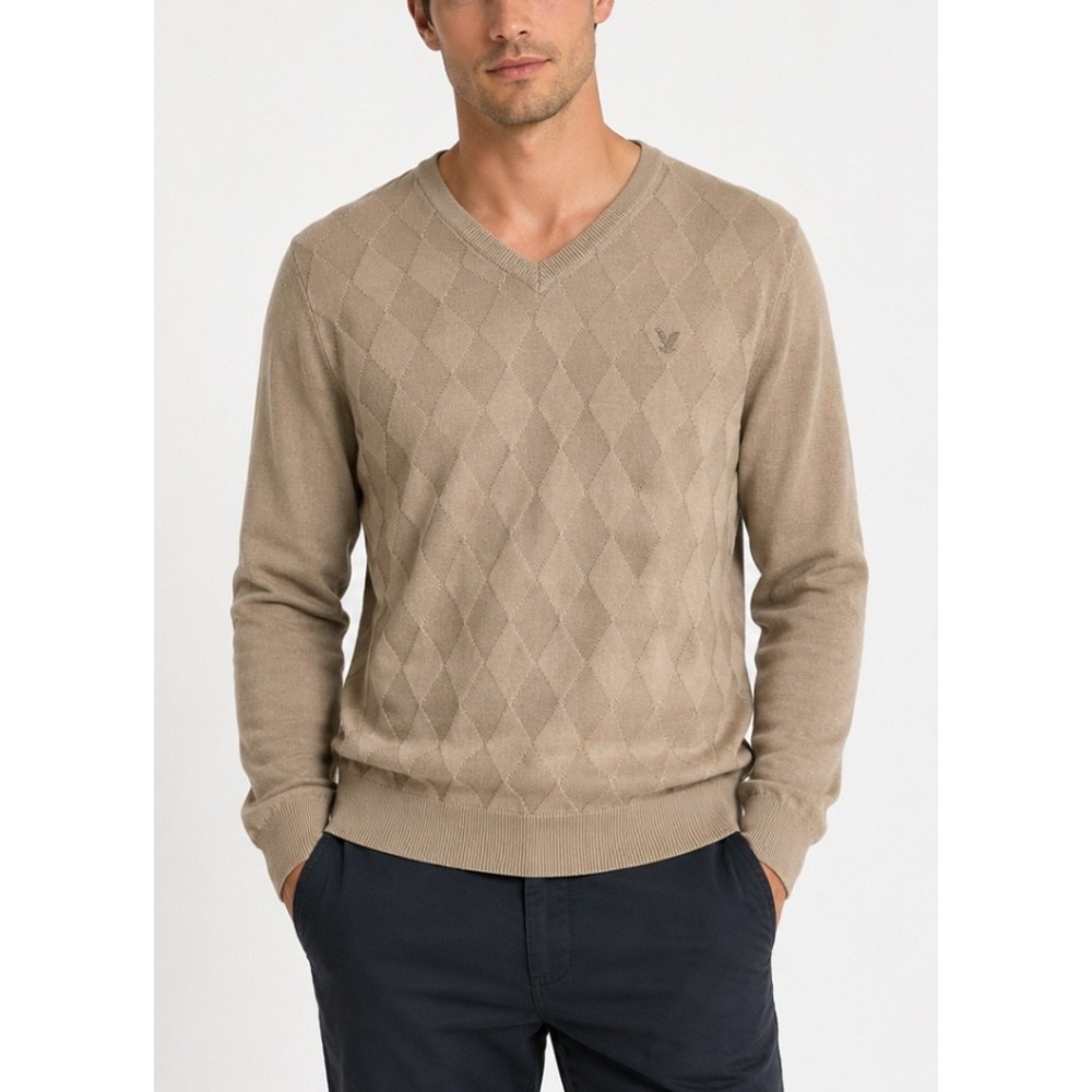 Lyle & Scott Mens Tan Beige V-Neck Argyle Textured 100% Combed Cotton Sweater L